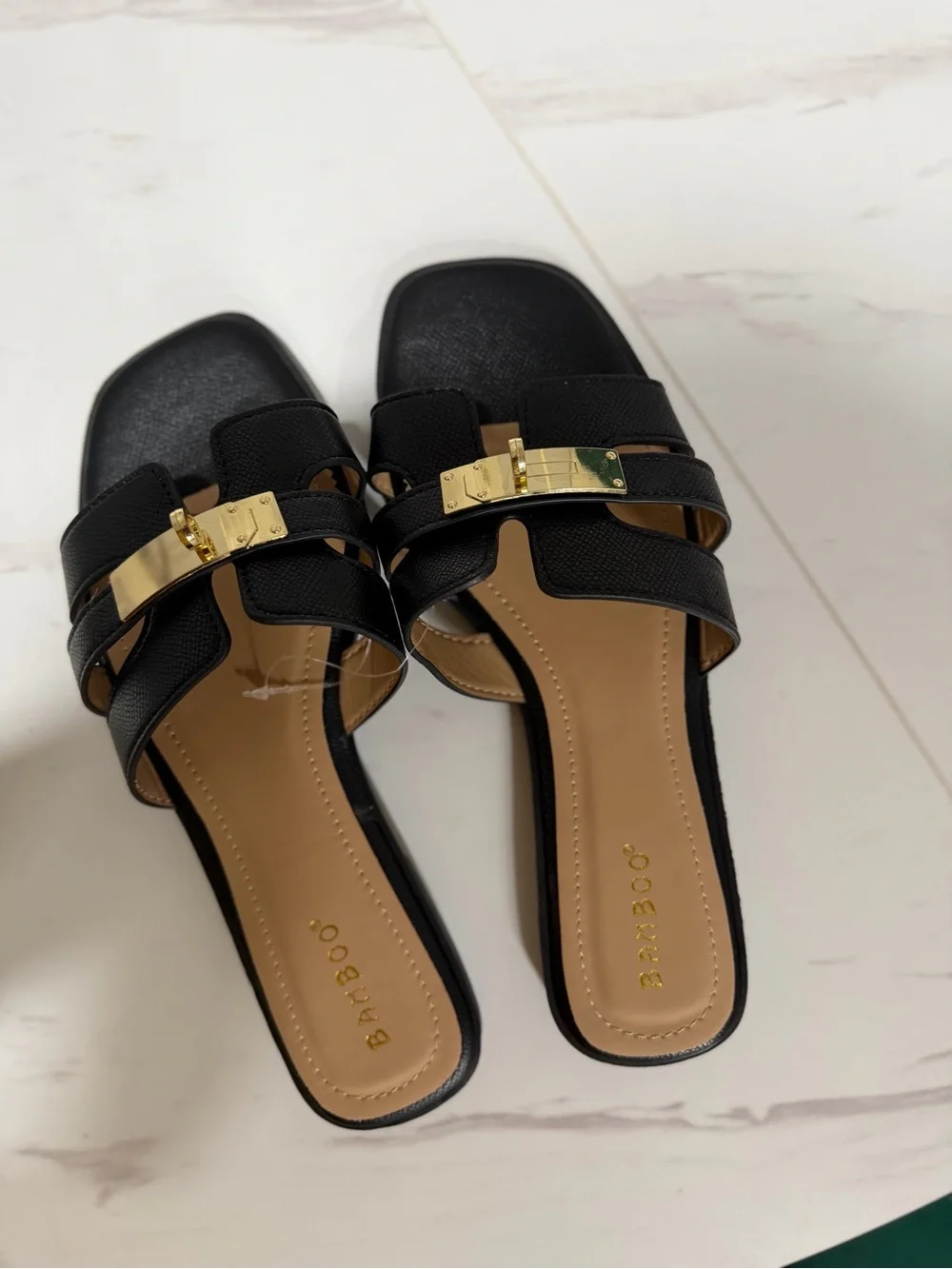 Black Slide Sandals with Gold Accent - Picture 1 of 2